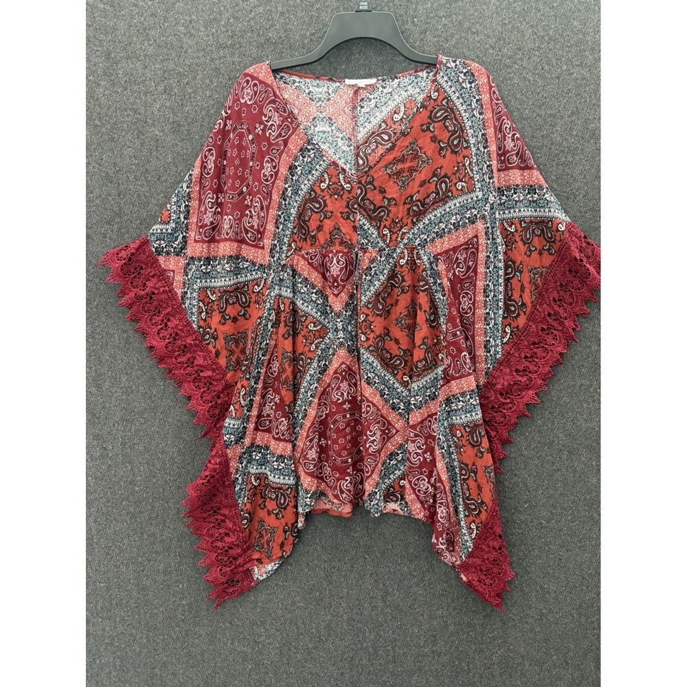 Red Paisley Patchwork Lace Trim Poncho Dress Medium Boho Lagen Patchwork